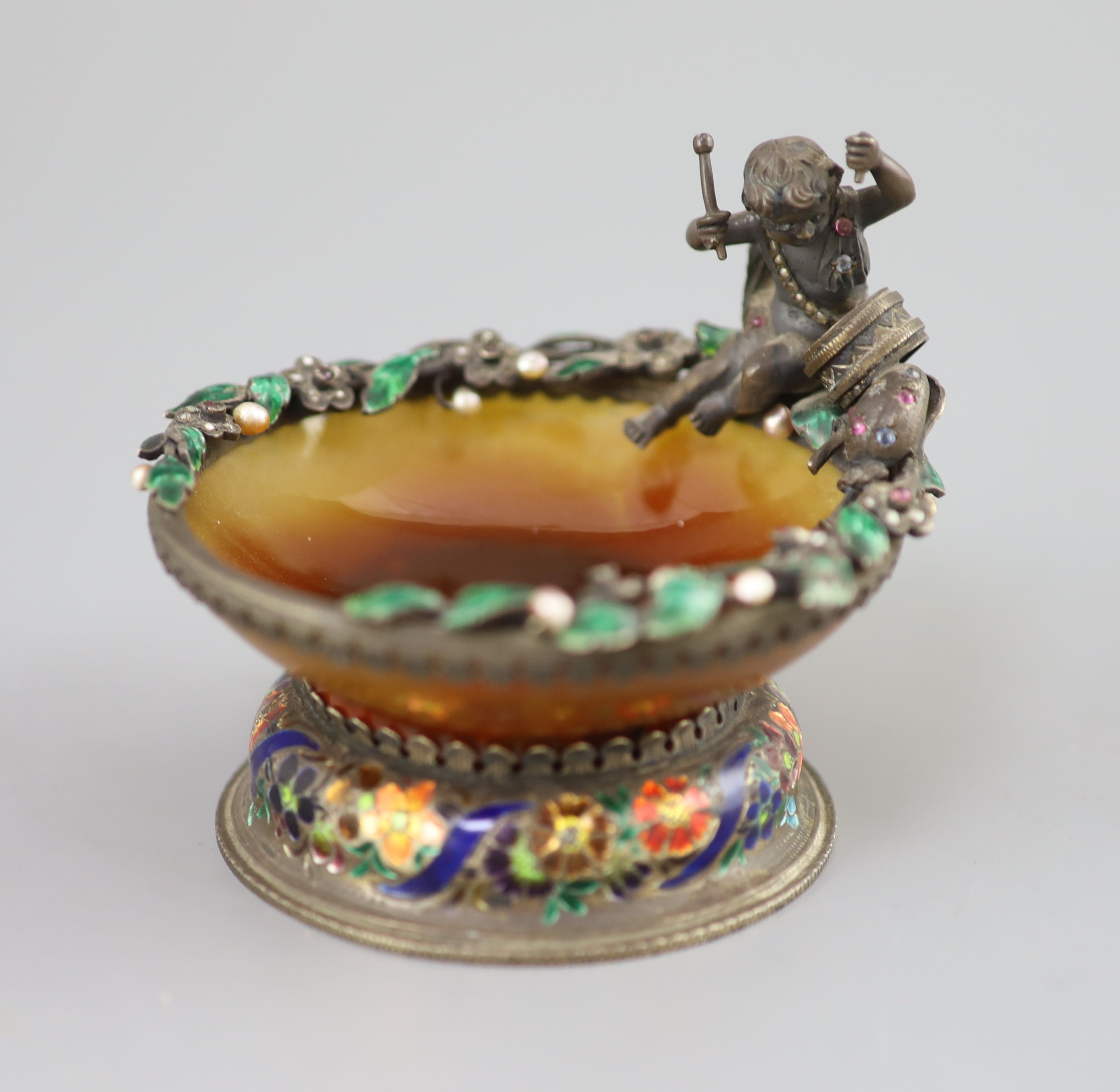 A 19th century Austro-Hungarian silver, green enamel and gem set mounted agate table salt
